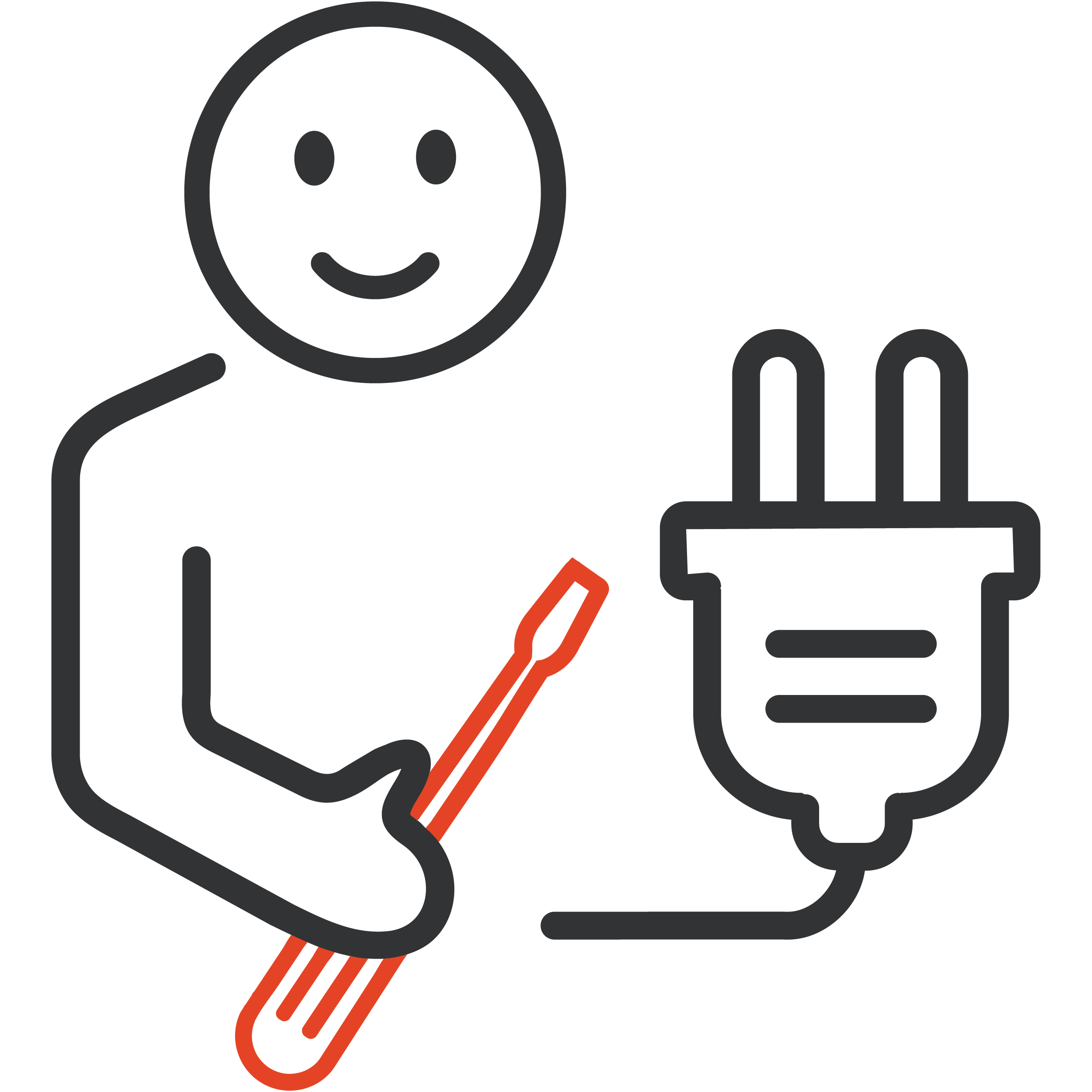 En stiliserad person med röd skruvmejsel intill en grå elkontakt.