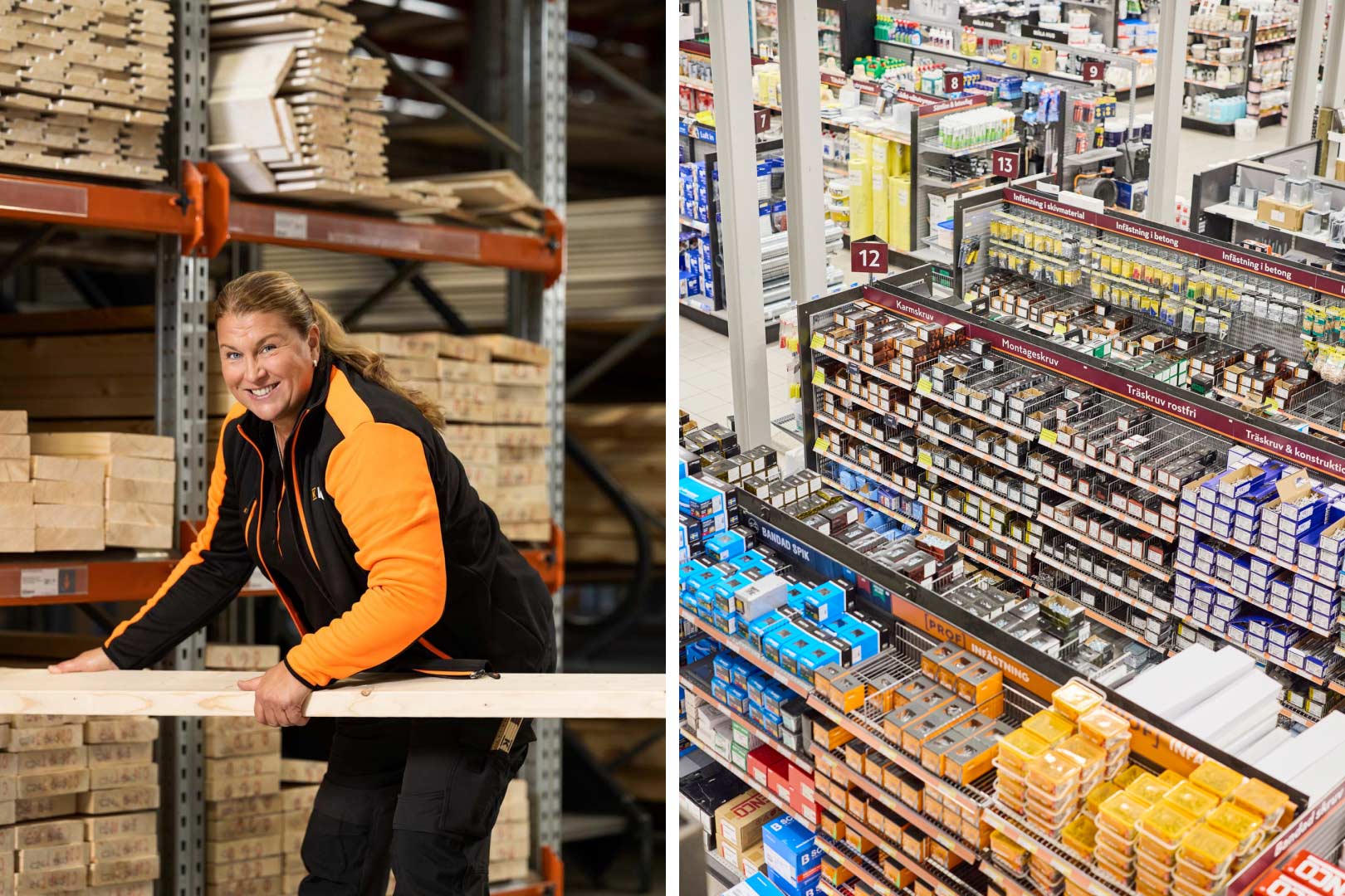 Arbetare i orange-svart jacka lyfter träplanka i byggvaruhall med hyllor fulla av skruvpaket.