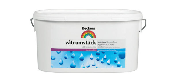 Vit plastdunk med Beckers-regnbåge, text ’våtrumstäck inomhus’ och blå vattenpärlor.