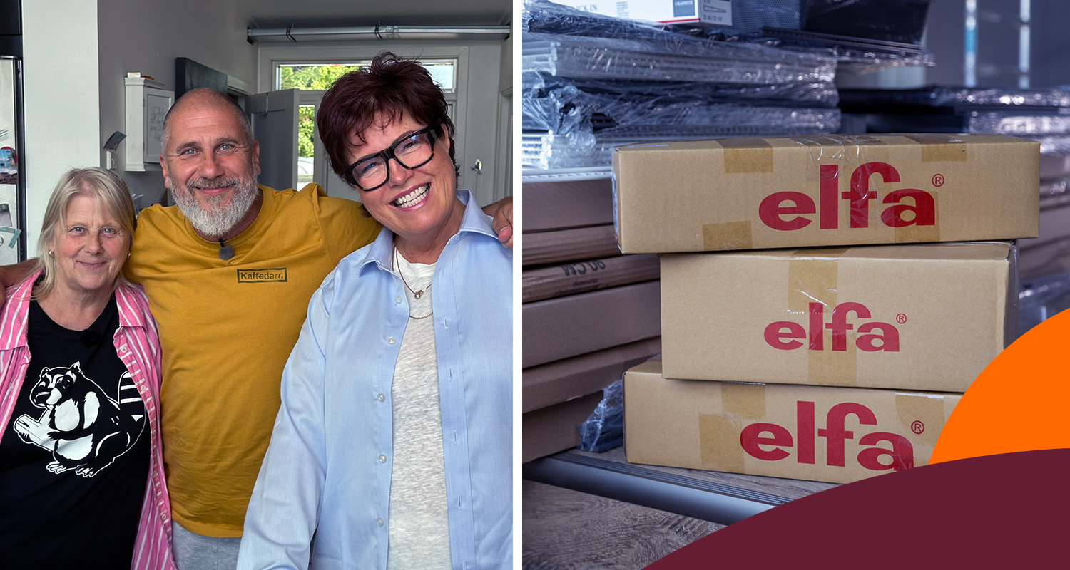 Tre personer i färgglada skjortor inomhus bredvid staplade brunbeige Elfa-lådor i lager.