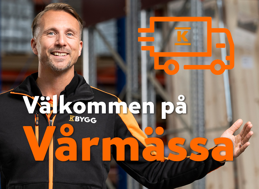 En person i byggmiljö med texten ”Välkommen på BYGG Vårmässa” och en orange lastbilsikon.
