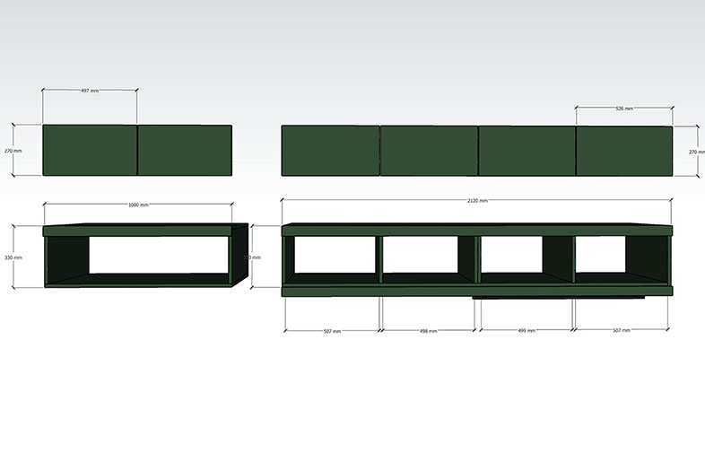 Skala-ritning av mörkgröna rektangulära hyllmoduler med måttangivelser i millimeter.