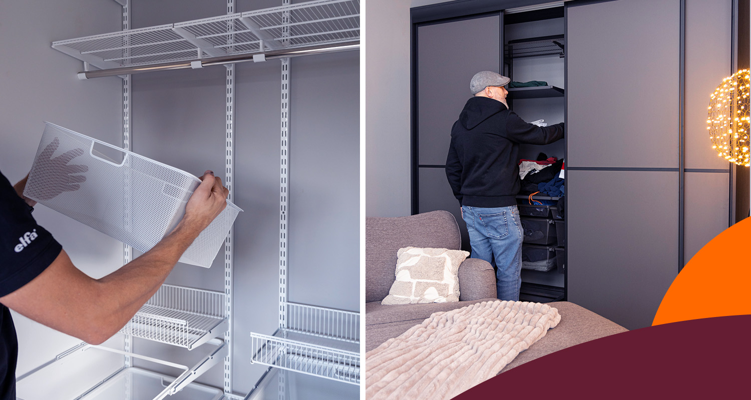 Vit trådbackshylla monteras på ljusgrå vägg, bredvid mörkgrå skjutdörrsgarderob i vardagsrum.