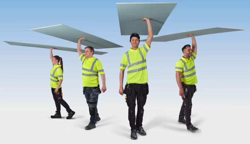 Fyra byggarbetare i gula reflexvästar bär ljusgrå skivor ovanför huvudet mot blå bakgrund