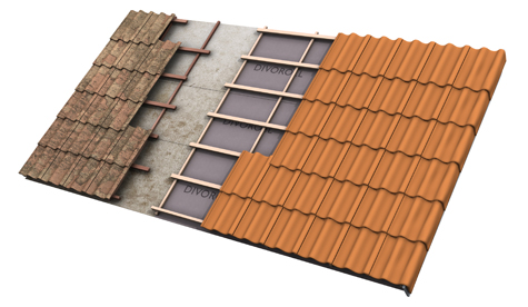 Tvärsnitt av tak med bruna gamla pannor, träregelverk, grå underlagsduk och nya orange takpannor.