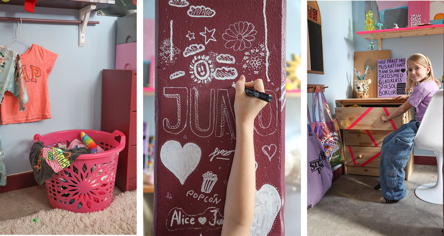 Barnrum med ljusblå väggar, rosa tvättkorg, krittecknad röd pelare och skrivbord med barn.