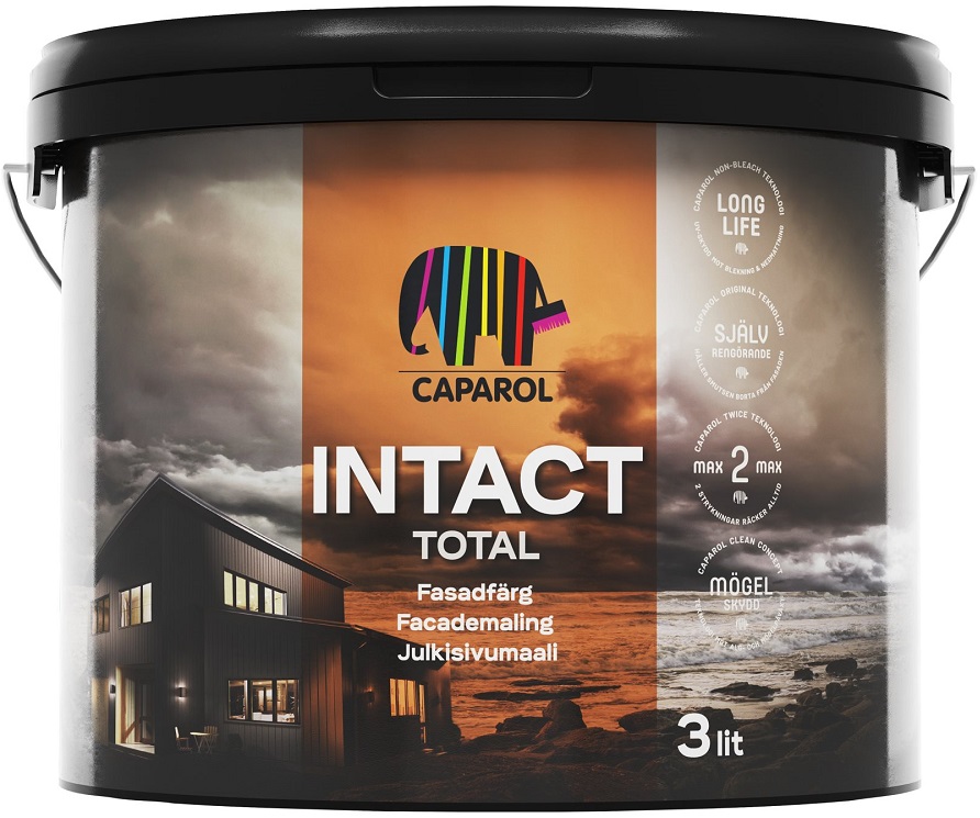 3l-färgburk med svart lock, orange Caparol-etikett, regnbågselefant och hus vid kust i skymning
