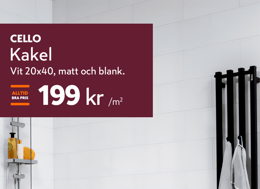 Cello för vitt kakel 20×40 cm, både matt och blankt, till 199 kr/m², mot en bakgrund av ett ljust kaklat badrum.