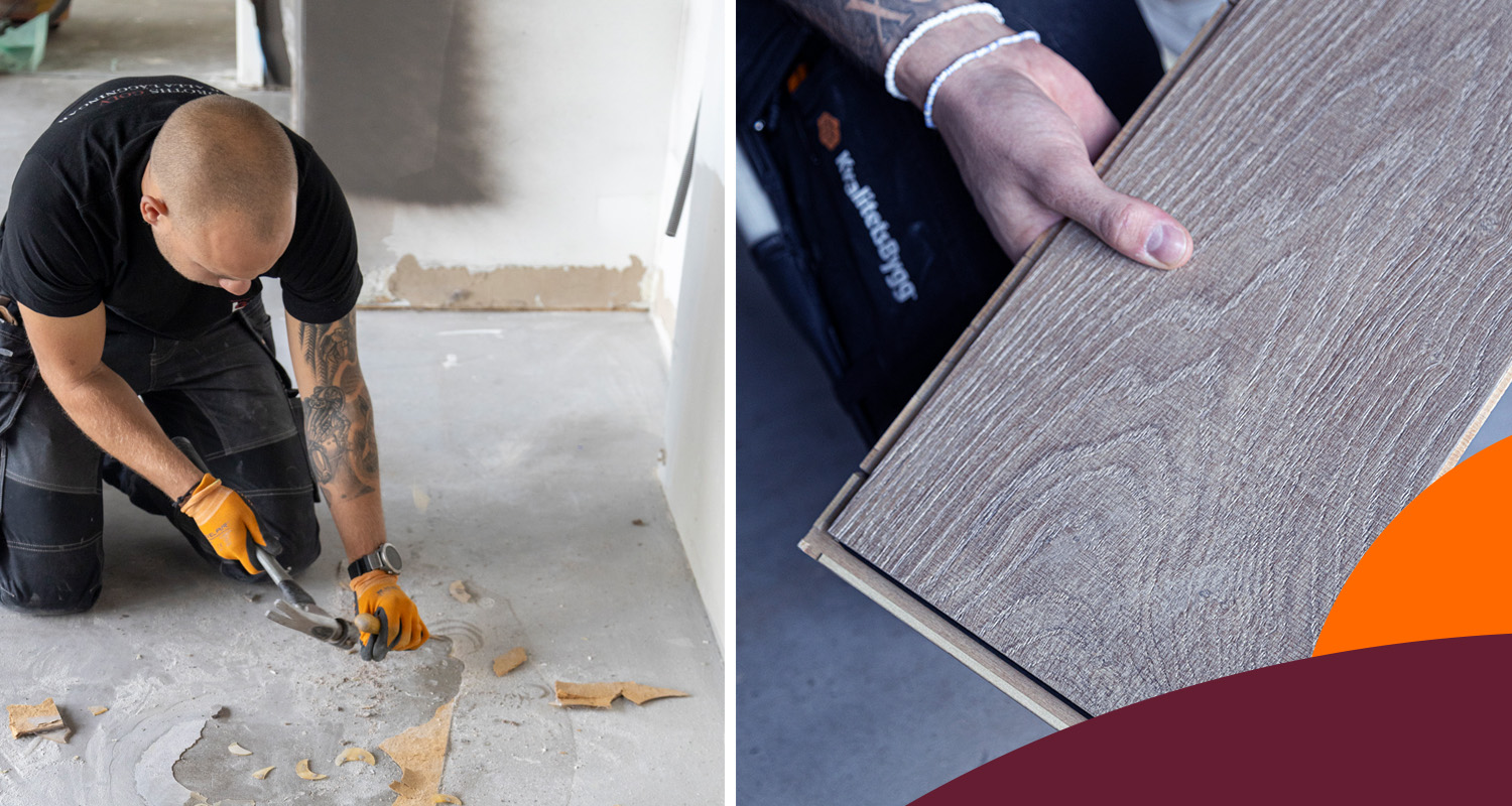 Hantverkare med orange handskar tar bort golv, håller grå laminatplanka.