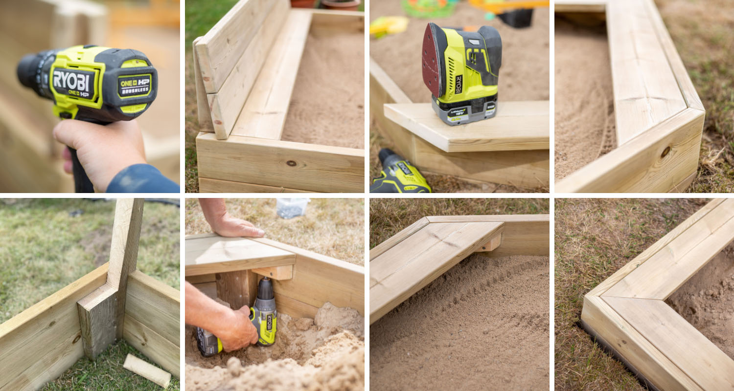 Grönt Ryobi-borrverktyg och träkonstruktion av sandlåda fylld med sand på gräsmatta