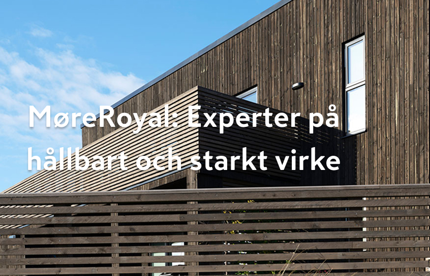 Modern fasad i mörkt trä med liggande staket och balkong mot blå himmel