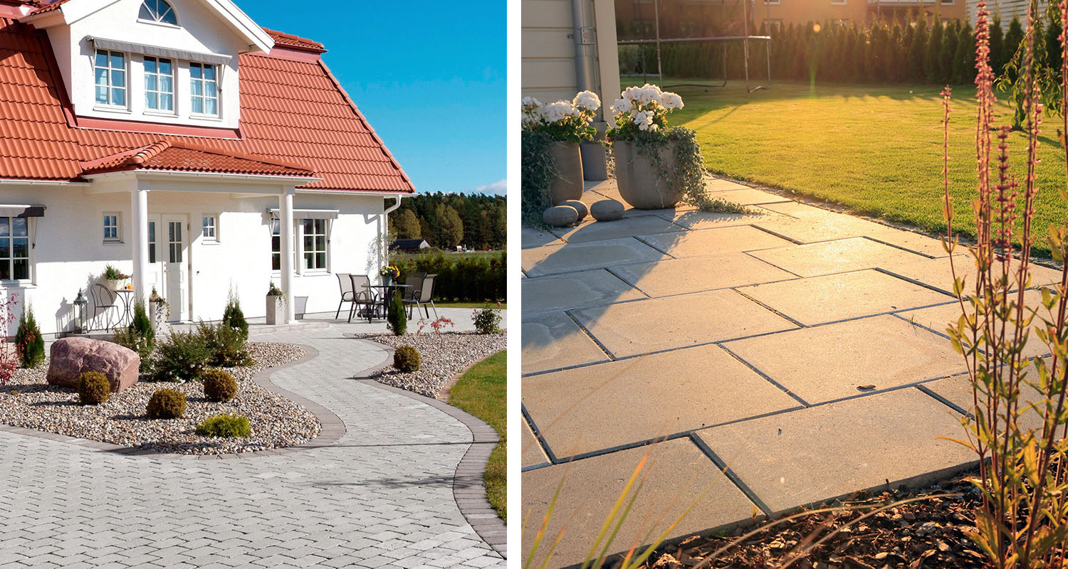 Vit villa med rött tak och slingrande grå stenläggning, solbelyst beige uteplats med krukblommor