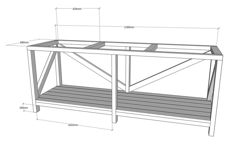 3D-skiss av vit träram för bänk med grå trallbotten och mått i mm