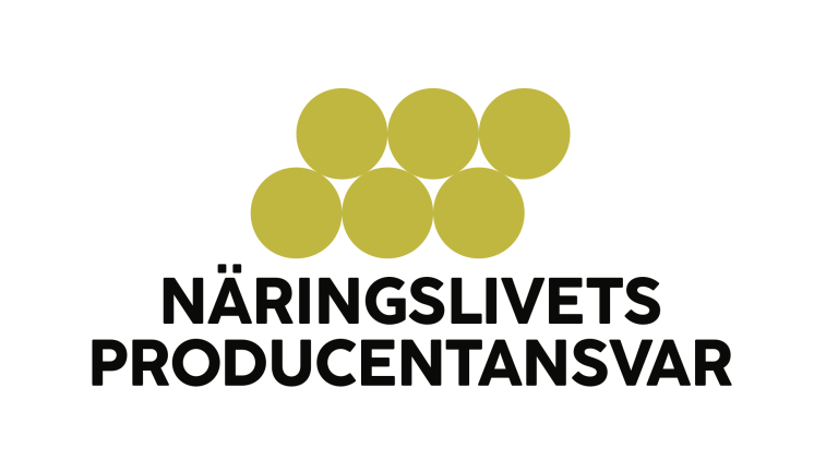 Logotyp med sex gula cirklar i två rader ovan texten ”Näringslivets Producentansvar”