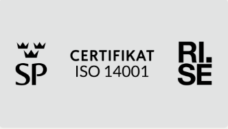 SP-logotyp med krona, texten "Certifikat ISO 14001" och RISE-logotyp på grå bakgrund.