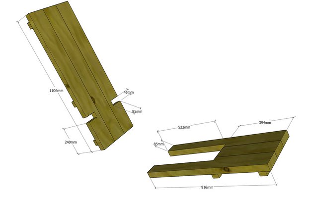 Två perspektiv av olivgrön träskiva med urtag och millimetermärkta mått.