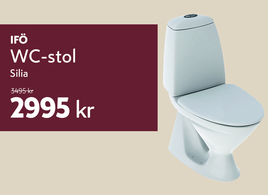 Vit WC-stol från Ifö, modell Silia. Till vänster finns en mörkröd prisruta som visar ett kampanjpris på 2995 kr (ord. pris 3495 kr).