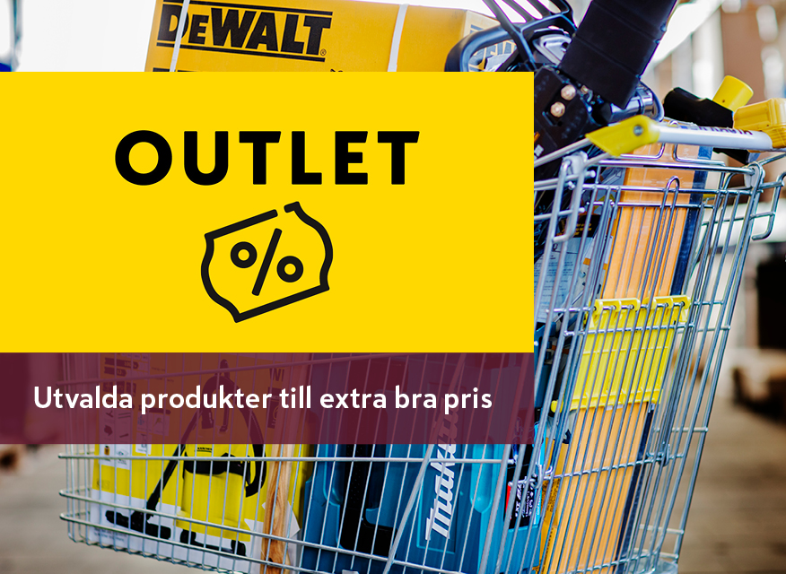 kundvagn fylld med verktyg och byggprodukter, tillsammans med en stor gul reklamruta med texten "OUTLET" och budskapet "Utvalda produkter till extra bra pris".