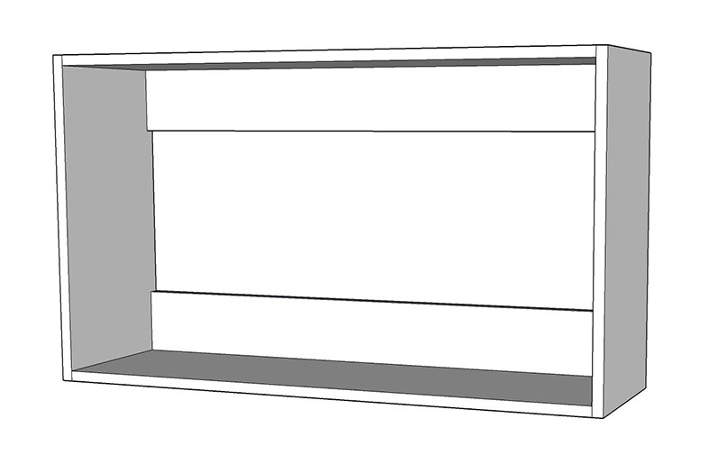 Öppen vit rektangulär hylla med två horisontella gråskuggade hyllplan.