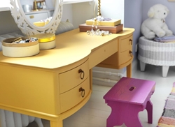 gul sminkbyrå med spegel, smyckesaskar, rosa pall och korg med vit nalle