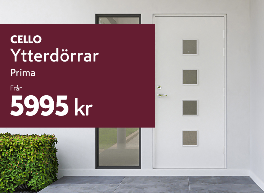 en vit ytterdörr med sidofönster och en reklamskylt som annonserar Cello ytterdörrar från 5995 kr.