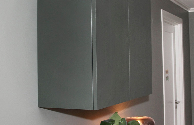 Mörkgrå väggskåp med underbelysning, grön växt och vit dörr i modern köksmiljö