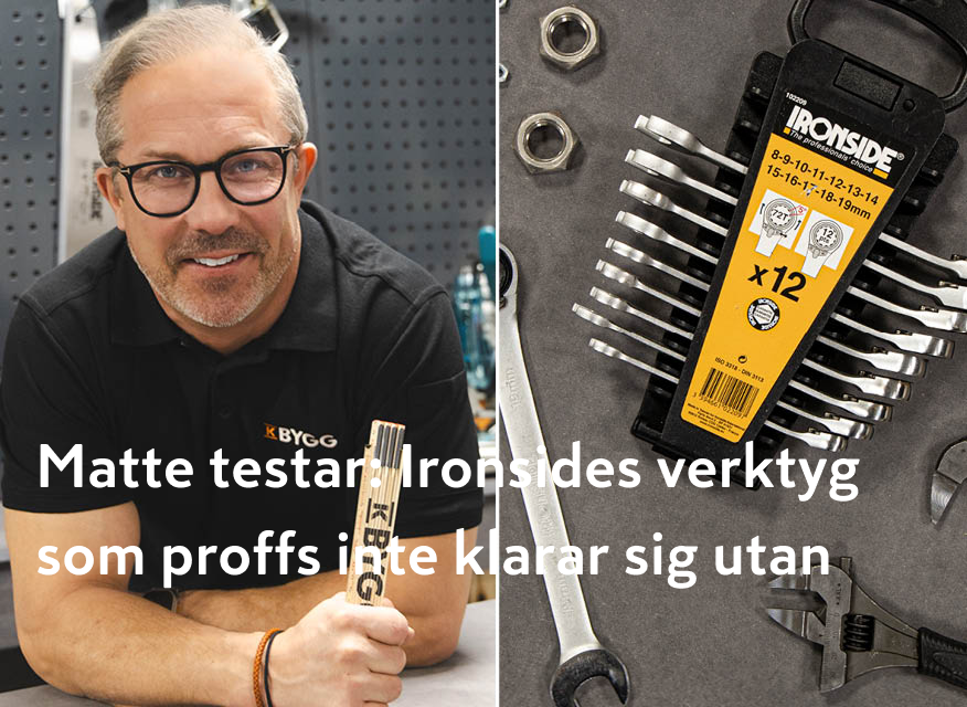 Person med K BYGG-logga till vänster, och verktyg från IRONSIDE till höger – inklusive fasta nycklar, skiftnyckel och muttrar.