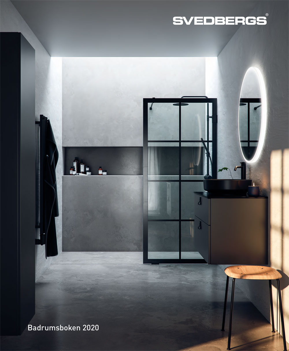 Modern grå betongbadrum med svart glasdusch, rund LED-spegel, svart tvättställskommod och träpall.