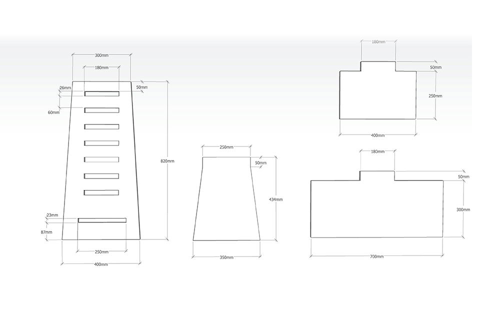 Svartvit teknisk skiss med fyra konturvyer och dimensionsmått i mm.
