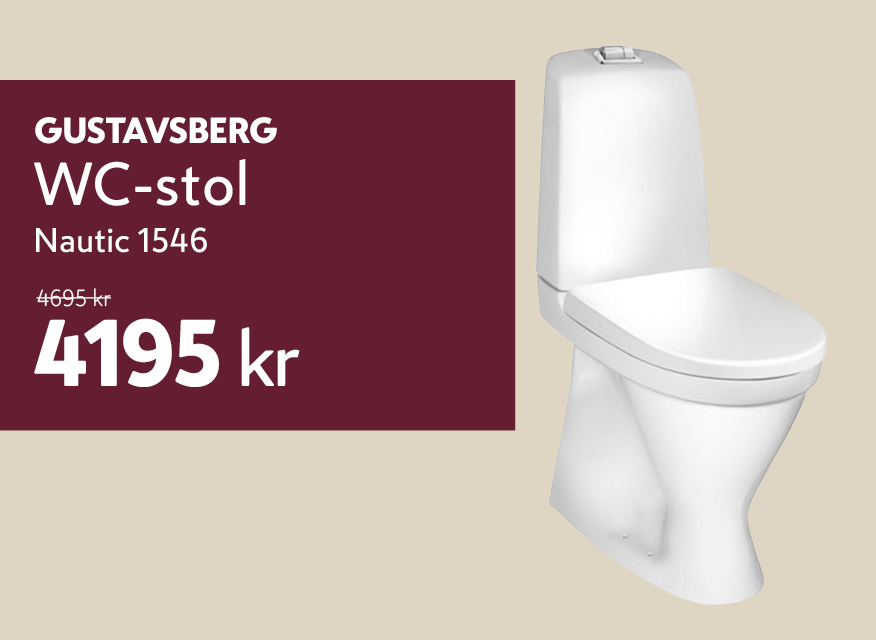 Vit WC‑stol från Gustavsberg, modell Nautic 1546, bredvid en mörkröd prisruta som anger kampanjpriset 4195 kr (ord. pris 4695 kr).