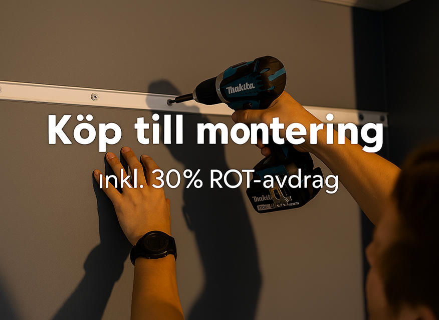  en person som använder en Makita borrmaskin för att montera ett vitt fäste på en grå vägg. Texten i bilden lyder: "Köp till montering inkl. 30% ROT-avdrag".