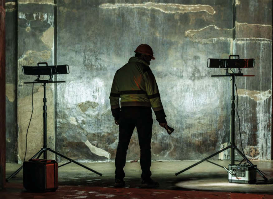 Arbetare i reflexjacka och röd hjälm med ficklampa vid sliten betongvägg med två arbetslampor.