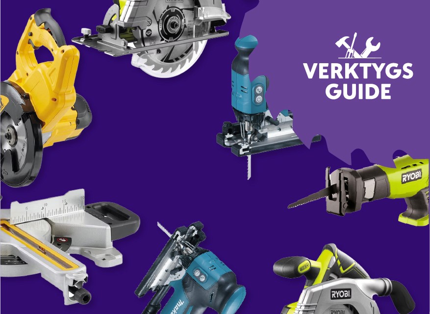 Olika elverktyg (cirkelsåg, sticksåg, tigersåg) på lila bakgrund med texten “Verktygsguide”