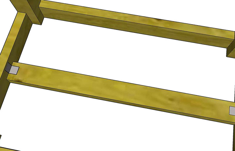 3D-skiss av gult träramverk med horisontella balkar och metallbeslag mot vit bakgrund