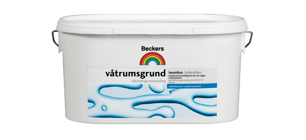Vit plastburk med Beckers regnbågslogo, text “våtrumsgrund” och blå vågmönster.