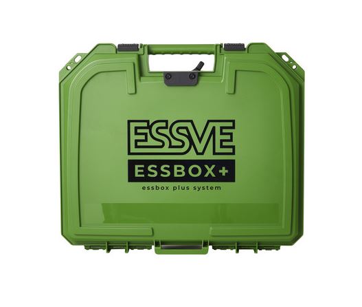 Grön ESSVE Essbox+ verktygslåda i plast med svart logotyp, handtag och lås.