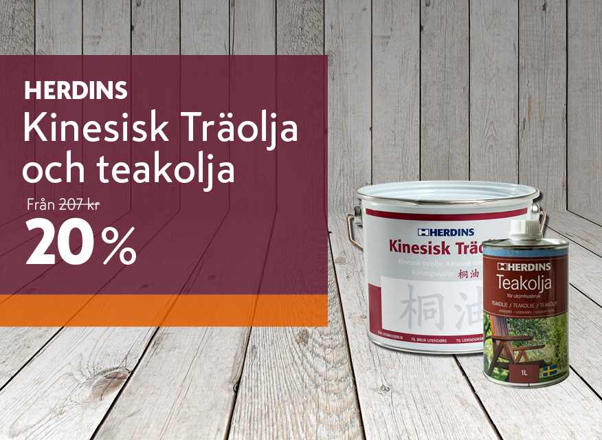  Herdins kinesisk träolja och teakolja i burkar, placerade på ett trägolv mot en trävägg. Till vänster syns texten 20 % rabatt.