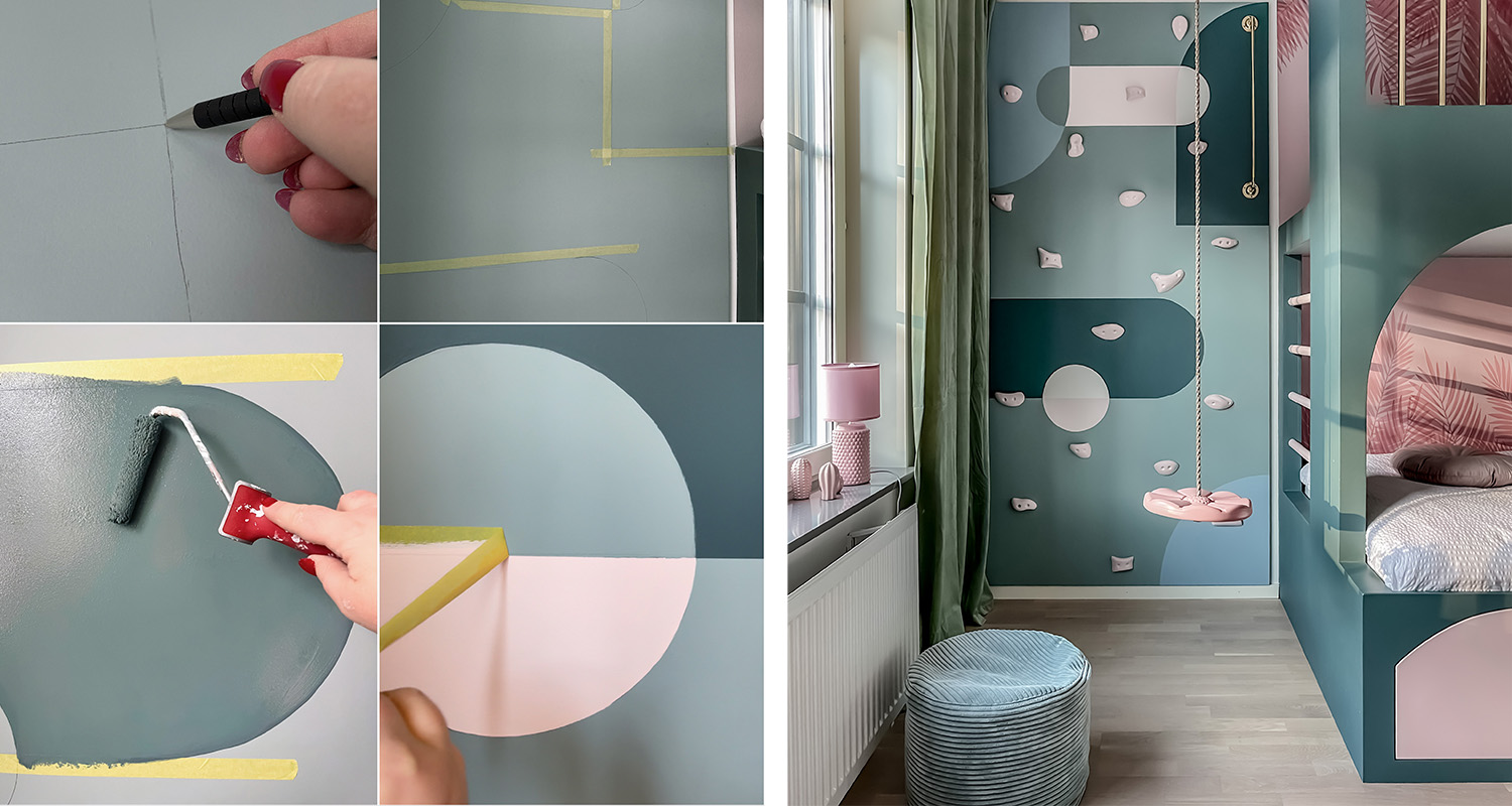 Barnrum med geometriska cirklar i grönt och rosa, klättergrepp, repgunga och sängnisch.