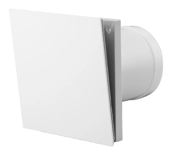 Vit fyrkantig plastventil med rund anslutning mot vägg