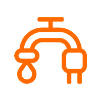 Orange ikon föreställande en vattenkran med en vattendroppe och ett eluttag
