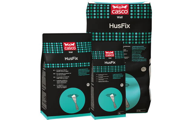 Tre svarta Casco Wall HusFix-påsar med turkosa prickar och spackelspade-ikon