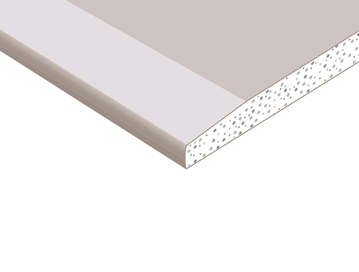 Snittbild av gipsskiva med ljusgrå yta och vit, prickig kärna mot vit bakgrund