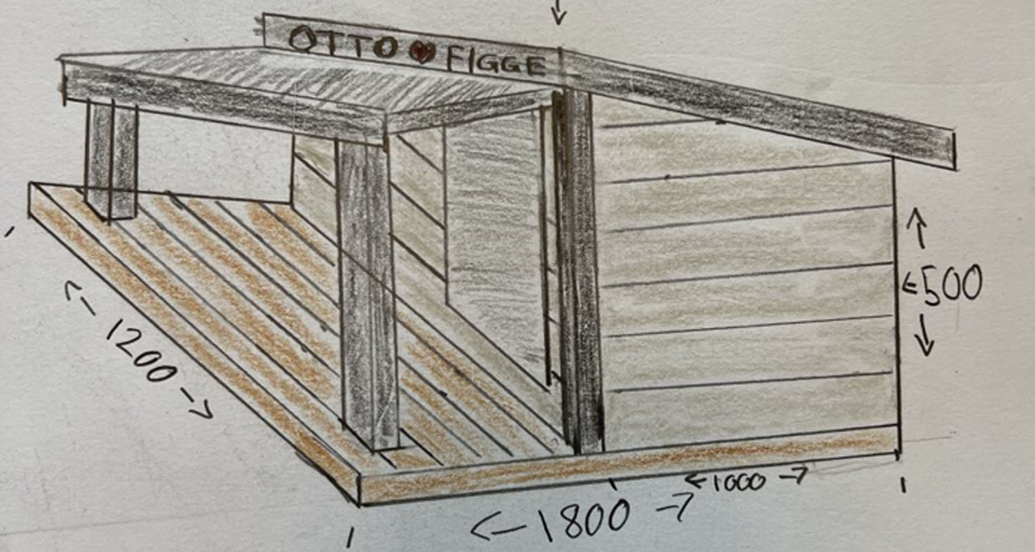 Skiss av uteplats i trä med mörkgrå takkonstruktion, bruna trallbrädor och ljus sidovägg