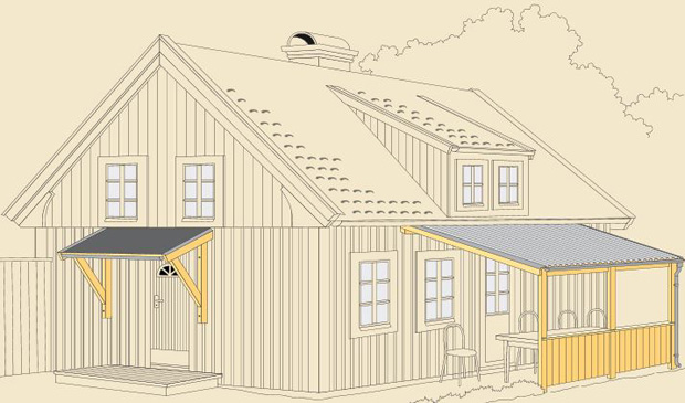 Illustration av beige trästuga med grått tak och gula altantak över entré och veranda.