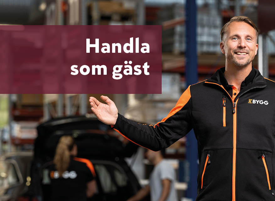suddig bakgrund med tre personer framför en K‑Bygg‑butik. Ovanpå ligger en mörkröd ruta med texten “Ej inloggad kund”.