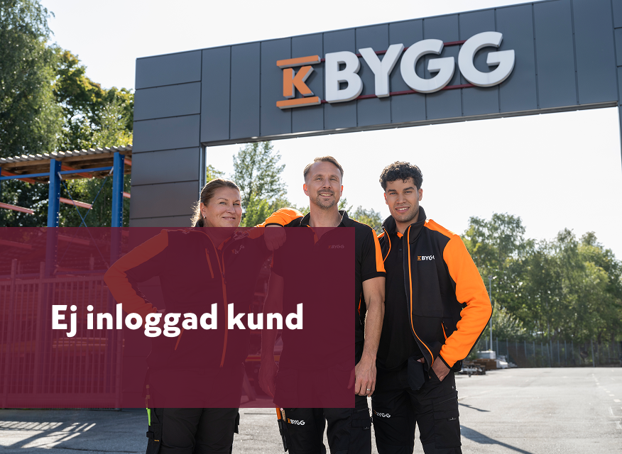 suddig bakgrund med tre personer framför en K‑Bygg‑butik. Ovanpå ligger en mörkröd ruta med texten “Ej inloggad kund”.