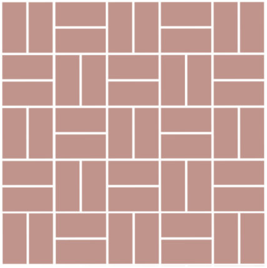 Rosa-beige rektangulära plattor i korgflätat mönster med vita fogar.