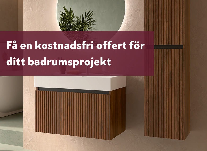 En modern badrumsbild med vägghängt tvättställsskåp i trä och reklambudskapet: ”Få en kostnadsfri offert för ditt badrumsprojekt.”