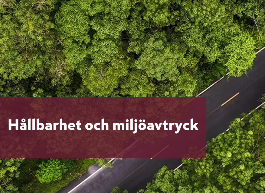  en väg som löper genom tät grön skog sedd ovanifrån. Över bilden ligger en vinröd transparent ruta med texten “Hållbarhet och miljöavtryck”.