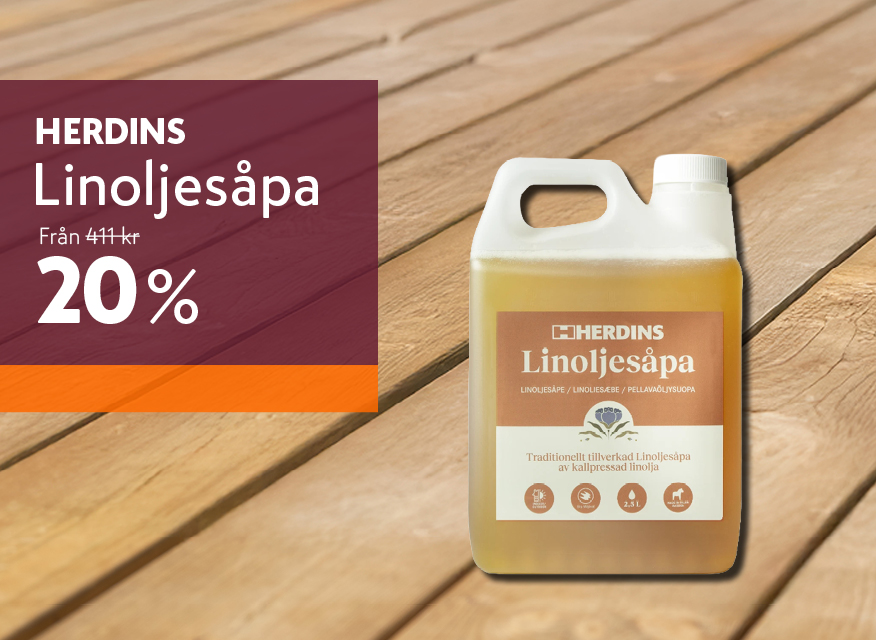 Herdins linoljesåpa i en dunk placerad på ett trädäck, med texten 20 % rabatt till vänster.